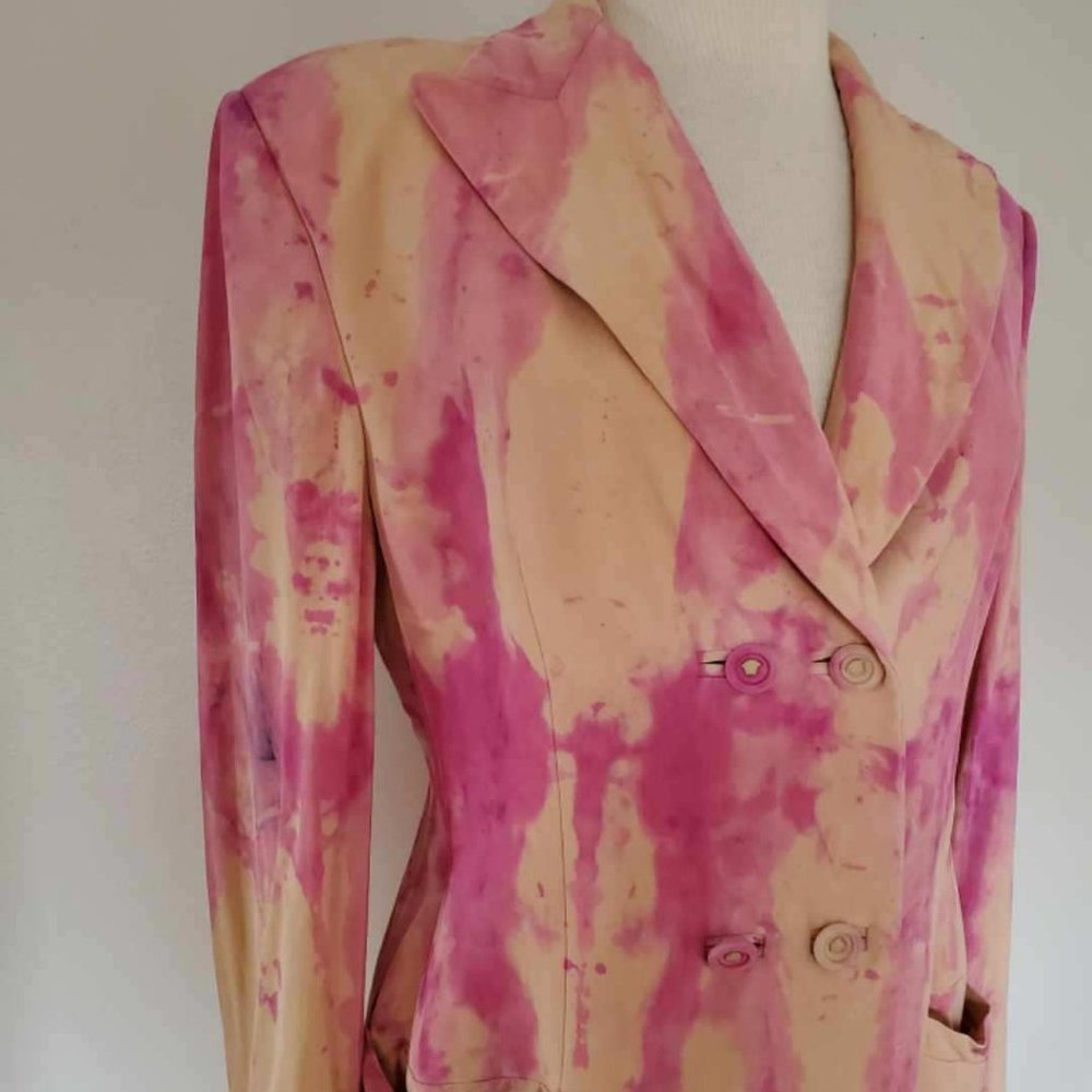 Vintage Gianni Versace silk blazer pink beige tan tie dye painted Med small 4 6 - Picture 10 of 12